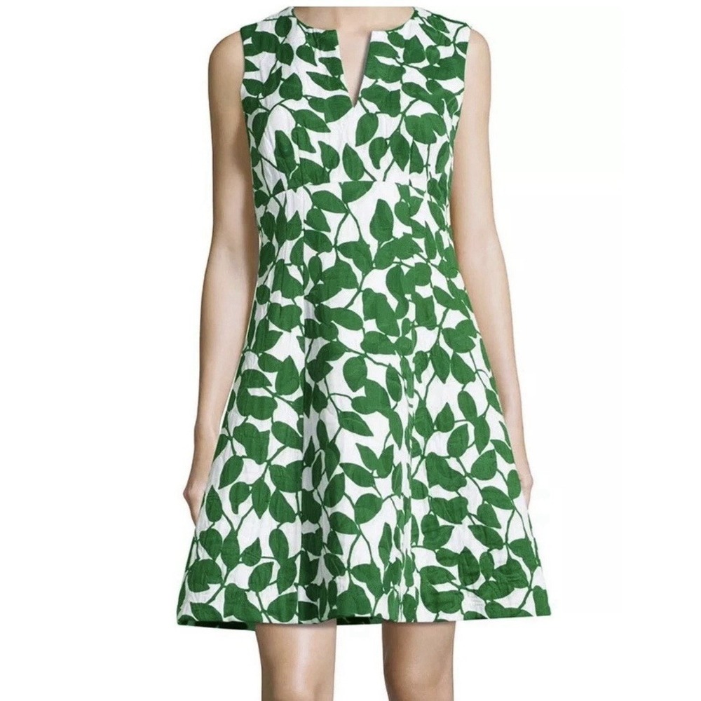 Kate Spade‎ Quilted Garden Leaves Pique A-Line Dress, Green, Size 6 *Small Stain